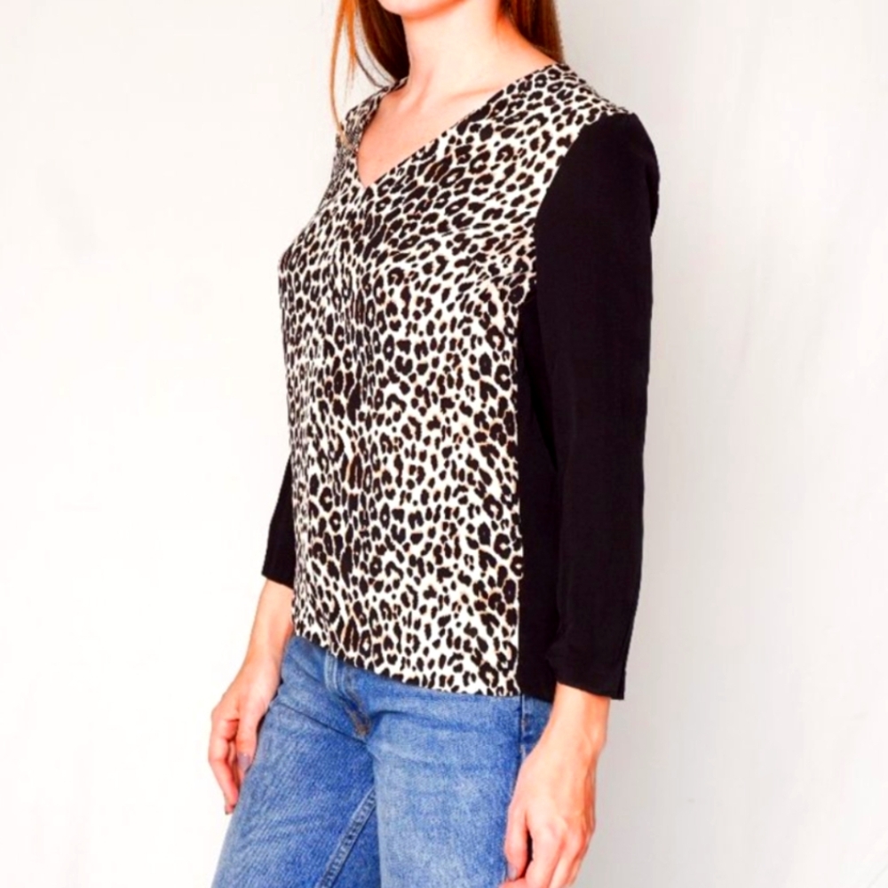CLUB MONACO Krista Silk Leopard Contrast Top XS
